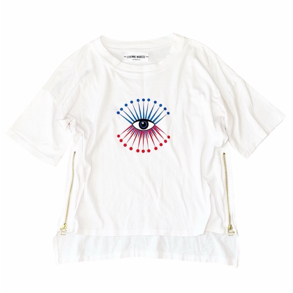 NWT ETIENNE MARCEL white evil eye crewneck tee with side zipper size medium